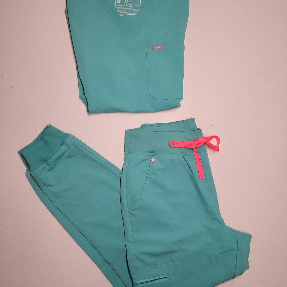 Surgical Green Figs Scrub Set With Hot Pink Ties
